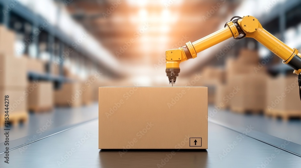 Aufkleber robotic arm handling cardboard box in modern warehouse setting with industrial background and soft l