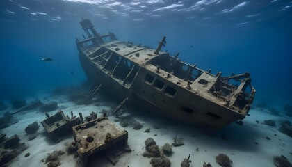Sunken shipwreck in the deep ocean, with debris and wreckage scattered across the seafloor