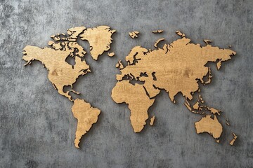 Wooden world map on grey textured background.