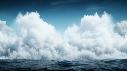 Obraz premium Majestic Waves Crashing Against a Tranquil Ocean Surface Under a Blue Sky with Fluffy White Clouds, Capturing the Beauty and Power of Nature’s Elements