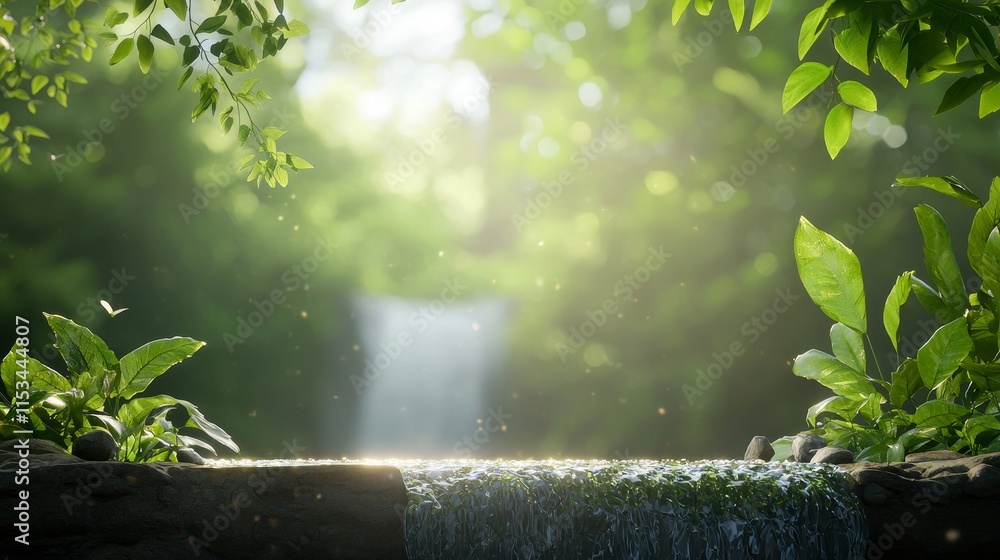 Poster serene natural landscape with gentle waterfall surrounded by lush greenery and soft sunlight filteri