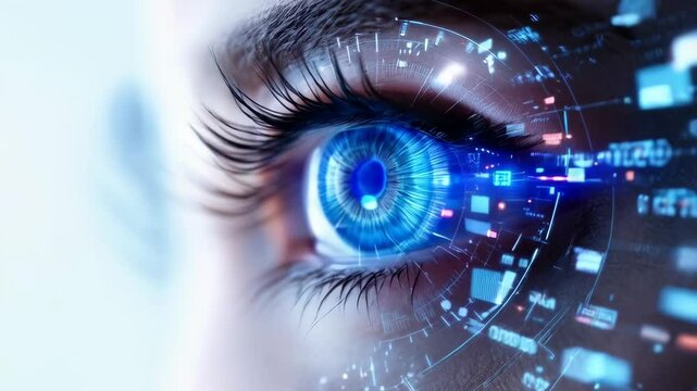 Futuristic blue eye with digital technology overlay. Biometric scan concept. Cybersecurity and artificial intelligence visualization. High-tech vision for banner  - Powered by Adobe