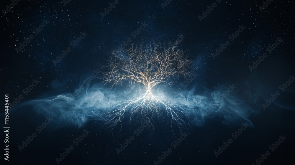 Poster ethereal tree of light emerging from cosmic mist, representing connection between nature and univers