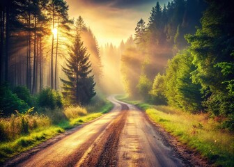 Obraz premium Vintage Summer Country Road: Empty Asphalt with Tire Tracks, Misty Forest Background, Copy Space Banner