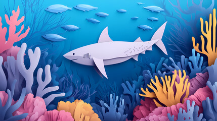 Obraz premium Paper cutout shark explores vibrant coral reef. Seafloor. Illustration