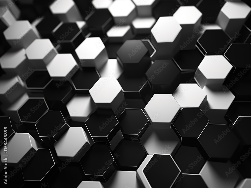 Poster black and white hexagonal paper confetti arranged randomly creates a playful textured background