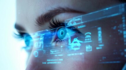 Futuristic cybersecurity concept: Woman's eye scanning digital interface with lock icons and data. Biometric technology for identity protection and access control  - Powered by Adobe