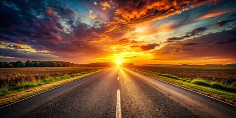 Naklejka premium Vintage Sunset Asphalt Road to Success - Motivational Stock Photo