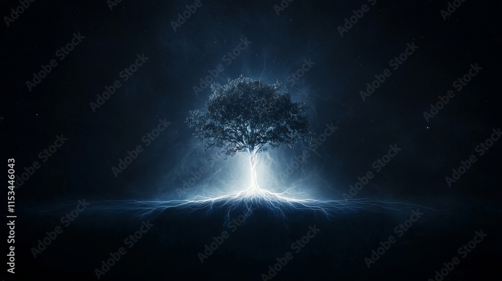 Aufkleber ethereal tree with illuminated roots and cosmic energy in a dark background capturing the essence of