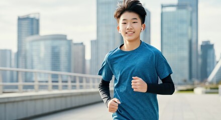 Young asian male teen running on urban rooftop promenade with city skyline