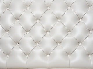 Panoramic view of a white leather sofa with buttons offers a textured eco-leather design
