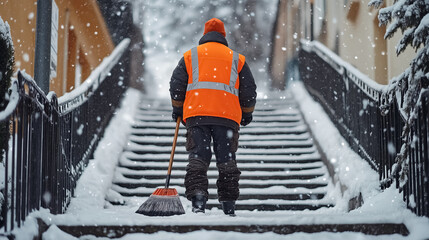street cleaner in an orange safety vest sweeping snow