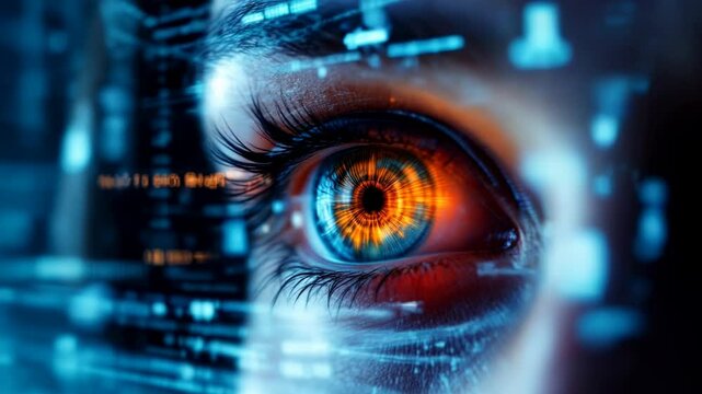 Futuristic biometric eye scan technology. Close-up of human eye with digital interface overlay. Cybersecurity and personal identification concept for advanced surveillance systems 