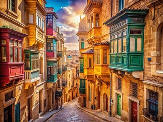 Naklejka premium Vintage Valletta, Malta: Sun-Drenched Streets & Historic Architecture