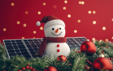 Obraz premium A snowman and solar panels together on a festive red background with winter-themed decorations