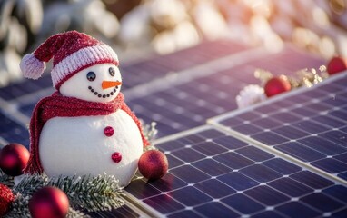 Obraz premium A snowman and solar panels together on a festive purple background with winter-themed decorations