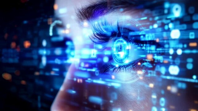 Futuristic biometric scanning of woman's blue eye with digital interface. Cybersecurity and identity verification concept for advanced technology 