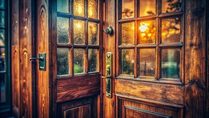 Vintage Wooden Glass Front Door - Rustic Home Entrance Stock Photo