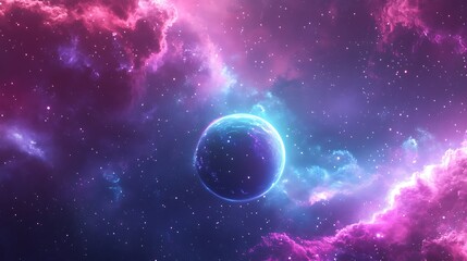 Obraz premium Vibrant Digital Painting: Ethereal Planet Glowing Mysteriously in Cosmic Nebula. AI Generated