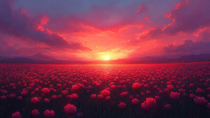vibrant sunset over field of tulips creates stunning view