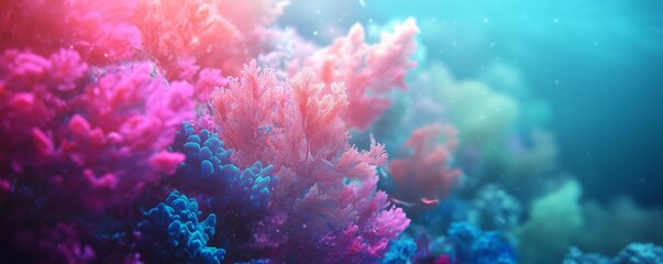 Naklejka premium Vibrant pink coral close-up in a tropical underwater world with a dreamy blue background.