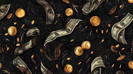 Seamless Money Pattern: Flying, Falling US Dollar Bills and Gold Coins on Black Background