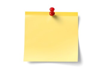 A yellow sticky note with a red thumbtack on a white background
