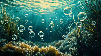 Bubbles of water rising from the seafloor with seaweed swaying in the current , bubbles, underwater scene. Seafloor. Illustration