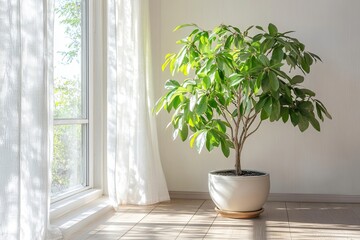 living room with white walls and hardwood floors, including a large green plant in the center of the room