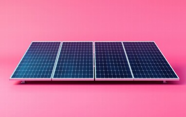 A standard solar panel with dark blue cells and smooth metallic borders, placed on a vibrant pink background