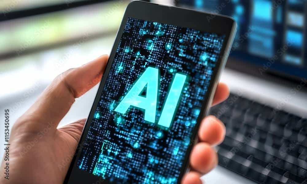 Poster a person holding a smartphone displaying the text 'ai' in bright blue against a digital background o
