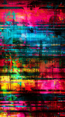 Dynamic glitch art featuring vibrant red, blue, yellow, and pink tones with geometric patterns, digital distortions, and layered textures.  

