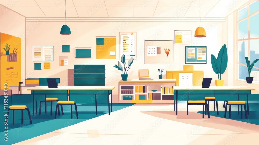 Poster modern classroom design with natural light and visual hierarchy