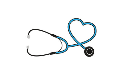 A blue and black stethoscope with tubing shaped into a heart symbol on a clean white background, representing healthcare, love, and medical care concepts.