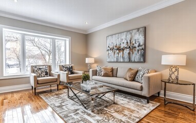 A stylish modern living room featuring neutral furniture, abstract wall art, subtle warm lighting, and natural wooden flooring
