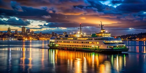 Fototapeta premium Washington State Ferry at Night, Elliot Bay, Seattle Skyline, Puget Sound, Ferry Boat