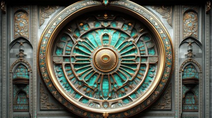Intricate teal and gold circular design on ornate wall.