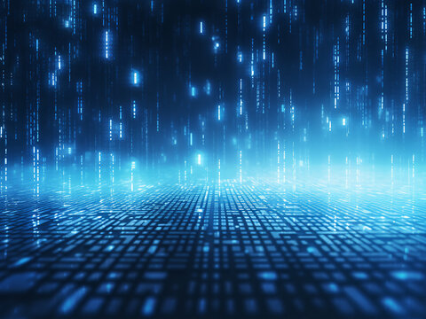 A blue digital binary matrix background featuring flowing data for a tech-inspired look