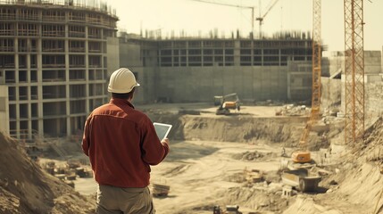 Fototapeta premium An engineer holding a tablet at a construction site.