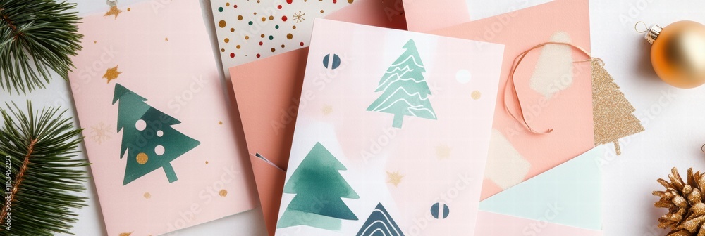 Poster Colorful array of modern Christmas cards displayed on a festive backdrop with decorations during the holiday season. Generative AI