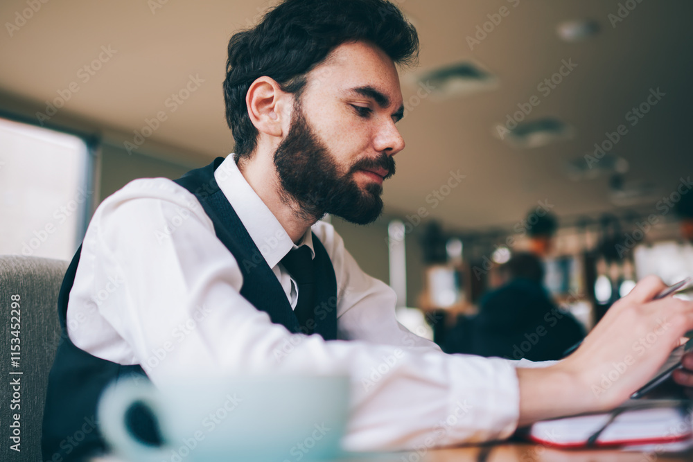 Poster serious bearded man searching information in internet web page on cellphone while sitting at table i