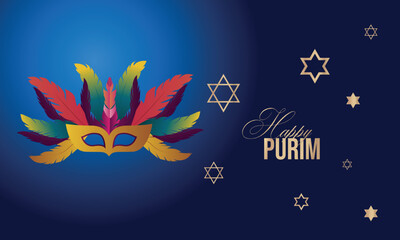 Purim, realistic vector illustration. Balloons and flags, star of david and carnival masks.
