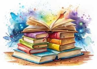Watercolor Open & Stacked Books: Education & Knowledge Concept - Hand-Drawn Illustration
