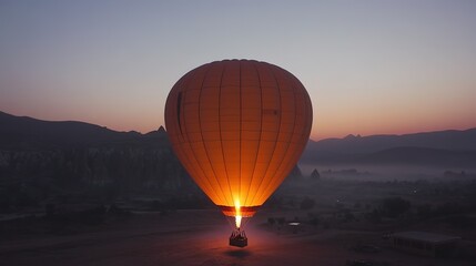 Fototapeta premium glowing hot air balloon rising over misty valley at sunrise with faint mountain silhouettes
