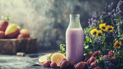 Healthy fruit smoothie with fresh fruits on a rustic table