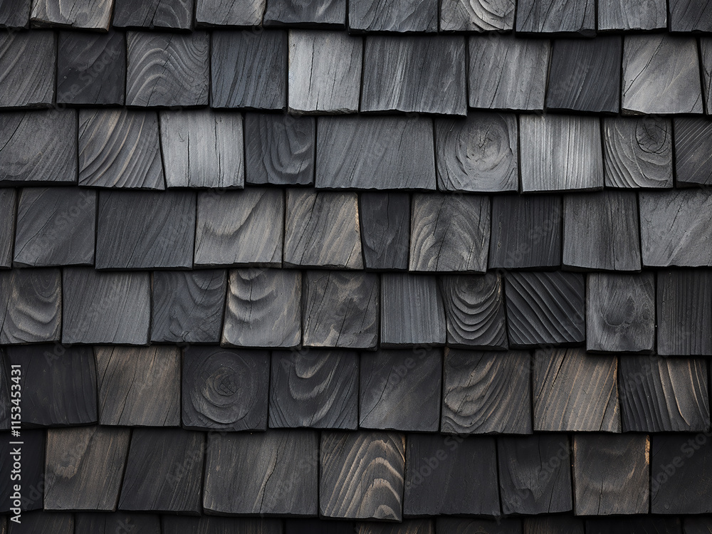 Poster Closeup of black wood roof shingles with natural texture on a wooden background