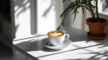 Obraz premium Latte Art Coffee Cup In Sunny Window Setting
