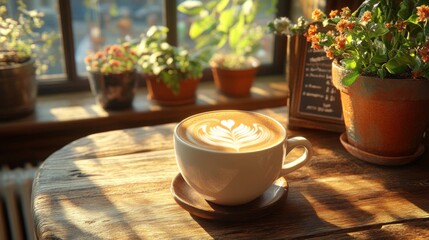 Latte art in a cafe with sunlit plants