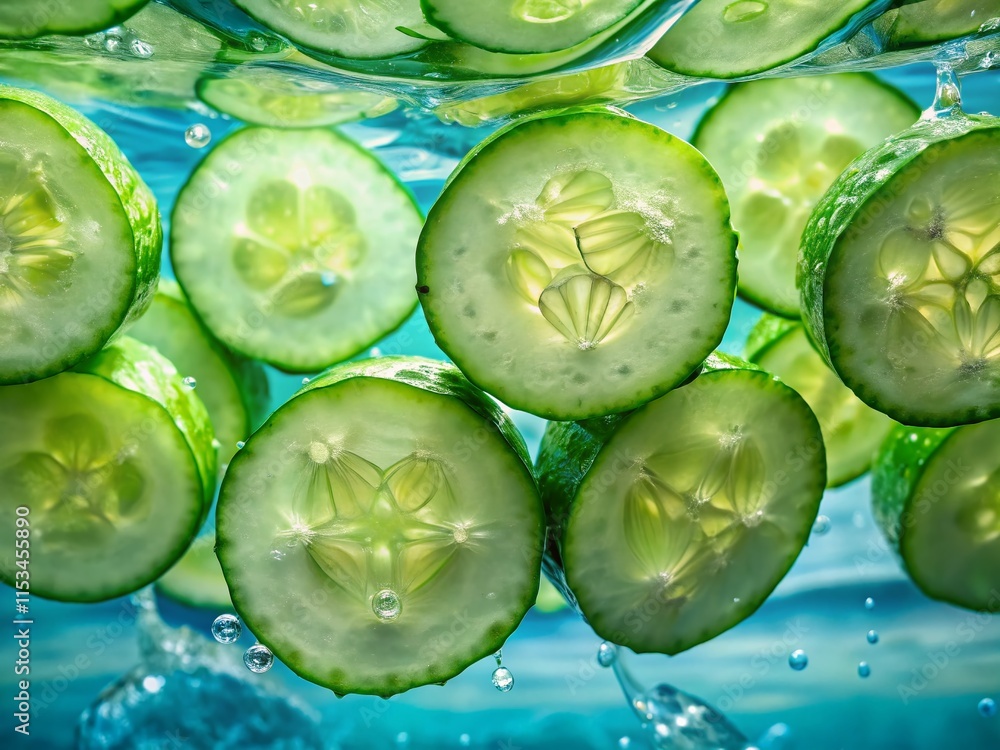 Poster fresh green cucumber slices floating in water - close-up macro shot