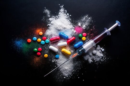 Silhouette Drug Abuse: Powder, Syringe, Pills -  Dark Photography Stock Image